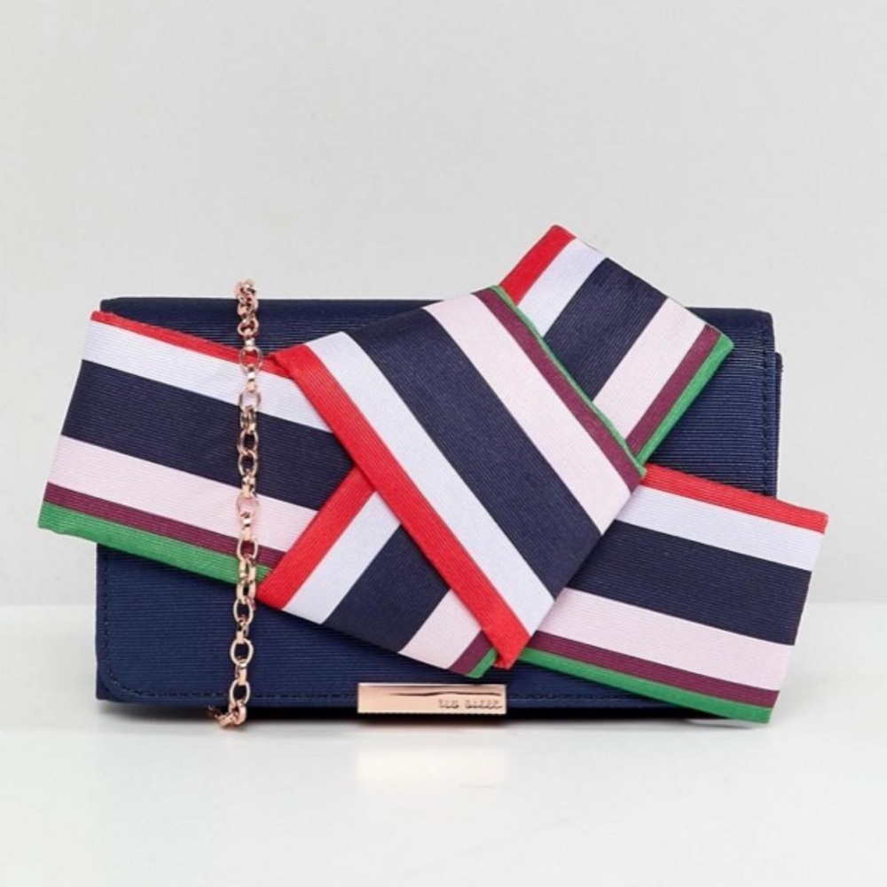 NWT Ted Baker Striped Bow Box Clutch Bag - Navy